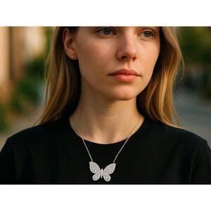 925 Silver Plated Butterfly Cluster White Zircon Pendant on 18" Silver Necklace‎